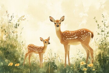 Obraz premium mother deer with fawn in lush green meadow spring watercolor painting
