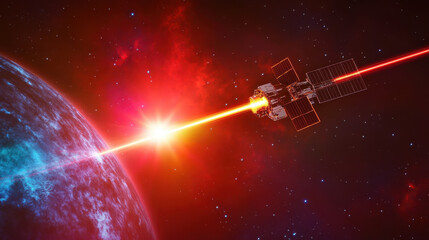 A next-generation quantum satellite is actively transmitting information from deep space, emitting a powerful beam of light toward a distant planet, showcasing advanced technology