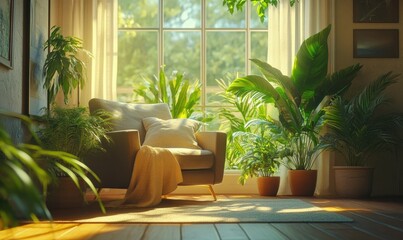 Bright living room with large windows, lush potted plants adding a natural touch, and a cozy armchair with a soft throw inviting relaxatio