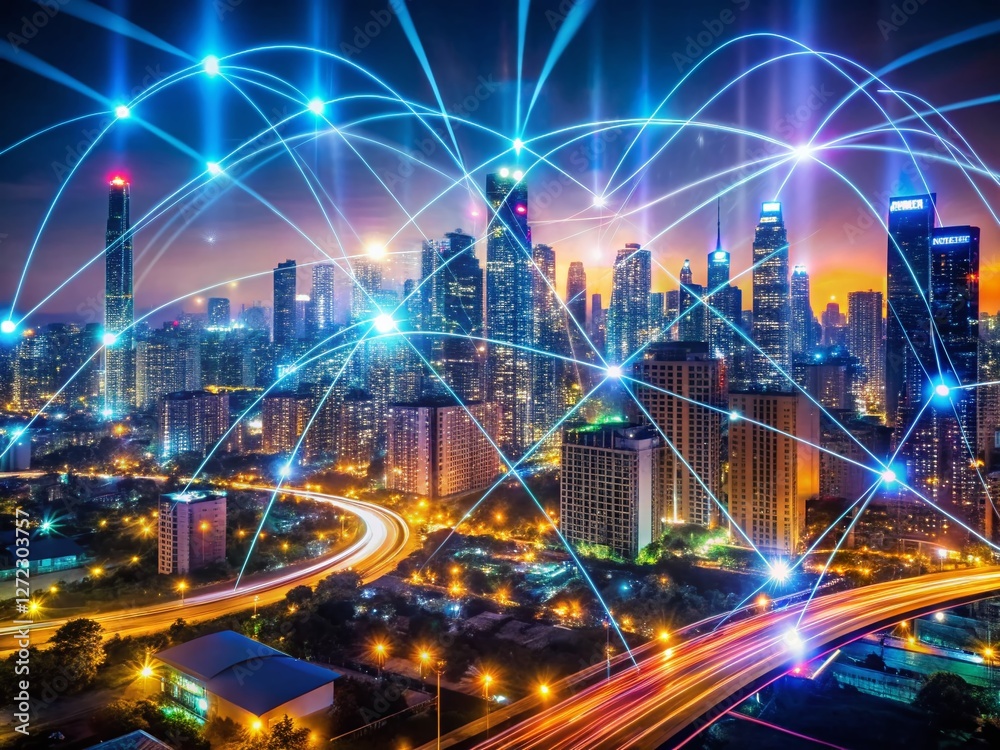 Poster long exposure of data streams flowing through a cityscape at night, representing big data and data s