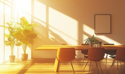 Bright modern dining area with a large wooden table, sleek chairs, and potted plants, warm golden light pouring in through large windows, minimalist decor, clean tones