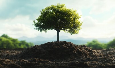 Stock market graph shaped like a tree growing from a pile of soil, symbolizing eco-friendly investing, green growth, sustainable finance