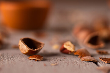 hazelnut shell on a wooden background