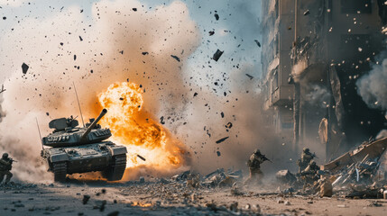A military tank explodes on a battlefield, sending debris flying through the air. Soldiers take cover as smoke and flames engulf the area, highlighting the devastation of war