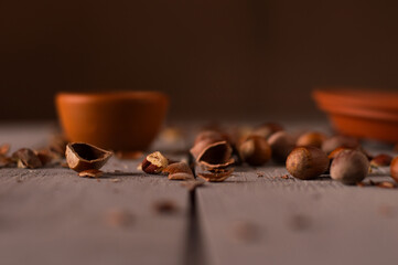 hazelnut shell on a wooden background