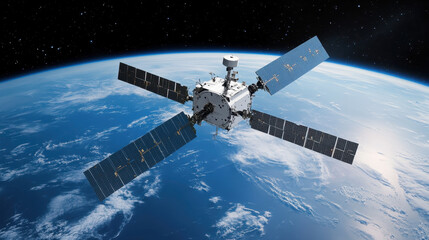 A military-grade surveillance satellite is positioned in low Earth orbit, equipped with advanced technology to monitor various activities, enhancing global security