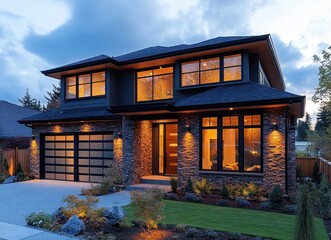 Luxurious Modern Suburban Home Exterior at Dusk