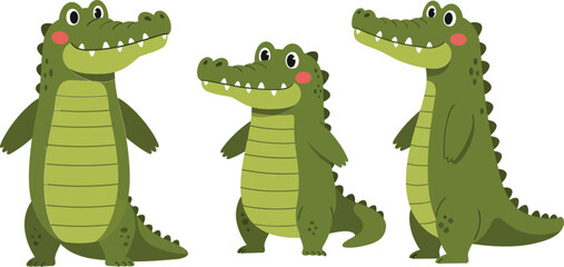 Fototapeta premium Cute cartoon crocodiles in playful poses with flat design style vector art