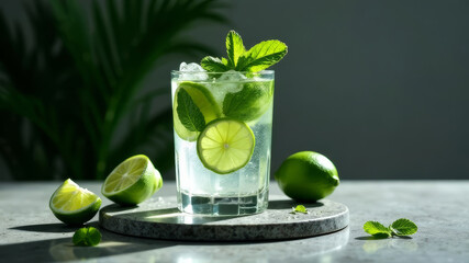 Cold cocktail mojito with lime and mint, ice on a modern gray concrete background, shadows, menu, copy space