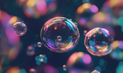 Abstract macro shot of colorful oil bubbles floating in water, vibrant hues blending smoothly, artistic and dynamic composition, clean and detailed