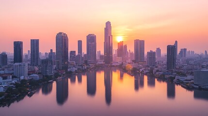 Fototapeta premium City Skyline Reflecting in Water at Sunrise