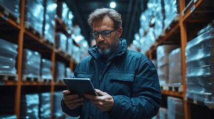 Manager Using Tablet to Oversee Operations in Modern Warehouse for Logistics and Distribution
