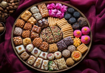 Assorted Middle Eastern Desserts on Brass Tray Surrounded by Red Fabric with Nuts and Treats for Celebrations and Festive Occasions