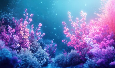 Abstract rendering of glowing underwater flora, soft blue and purple tones creating a serene aquatic vibe, clean detailed design, vibrant marine atmosphere