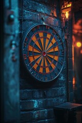 Dartboard Close-up on Brick Wall with Neon Lighting