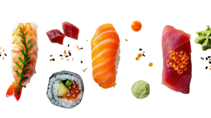 Assorted sushi platter featuring nigiri, sashimi, and maki rolls with wasabi and garnishes