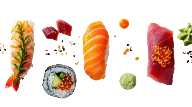 Assorted sushi platter featuring nigiri, sashimi, and maki rolls with wasabi and garnishes