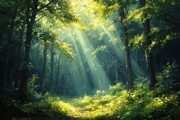 Obraz premium Serene Forest Scene with Sunlight Filtering Through Green Leaves and Vibrant Foliage