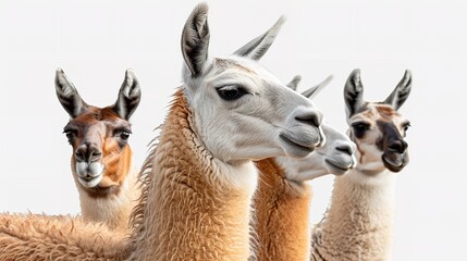 Three Llamas Standing Together Against White Background