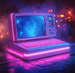 Vintage computer setup with CRT monitor and mechanical keyboard in retro synthwave style