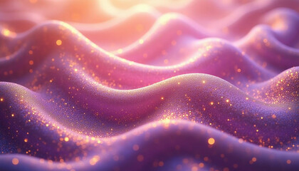 Diseño de olas moradas hermosas con partículas doradas brillantes, fondo suave y espacio para texto