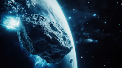 A massive asteroid features a rugged and cratered surface, hovering in the void near Earth. Its size and texture reveal the ancient history of celestial bodies in our solar system