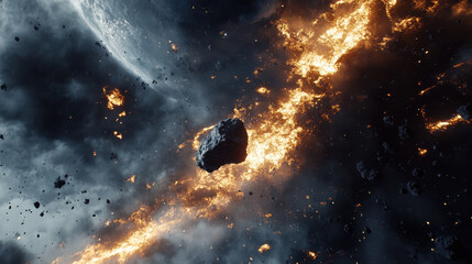 An enormous asteroid penetrates Earth's atmosphere, igniting in a blaze as it descends. The fiery trail signifies impending disaster in the sky above the planet