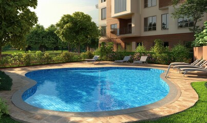 View of swimming pool in home lawn , swimming pool in home is amazing addition in home decoration.