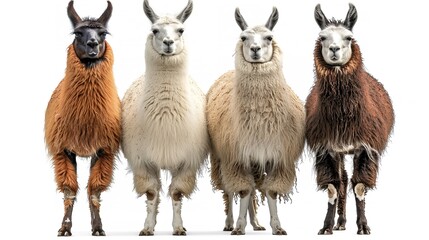 Three Llamas Standing Together Against White Background