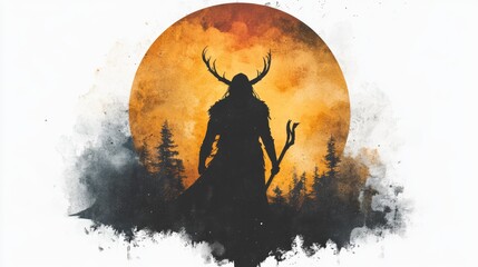 Silhouette of a horned shaman stands before a large, orange moon in a dark forest. Watercolor art.