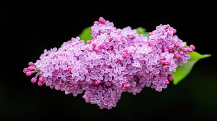 Obraz premium Blooming purple lilac flowers with green leaves isolated on a solid black background.