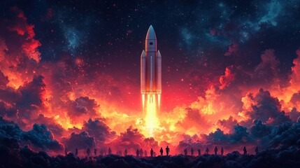 Business Team Innovating Successful Startup Launching Rocket in Office Workspace