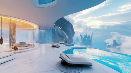Fototapeta premium A modern luxury villa with curved architecture, glass walls, and an infinity pool overlooking a surreal icy landscape with floating ice formations and a bright sky.