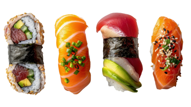Assortment of colorful sushi rolls arranged neatly, showcasing fresh ingredients and textures