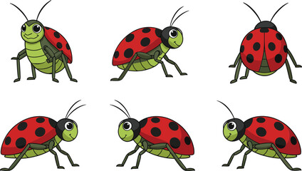 Ladybug character design in playful poses with flat vector art style vector illustration