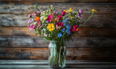 Freshly picked bouquet of wildflowers in a glass vase, vibrant colors standing out against a rustic wooden backgroun