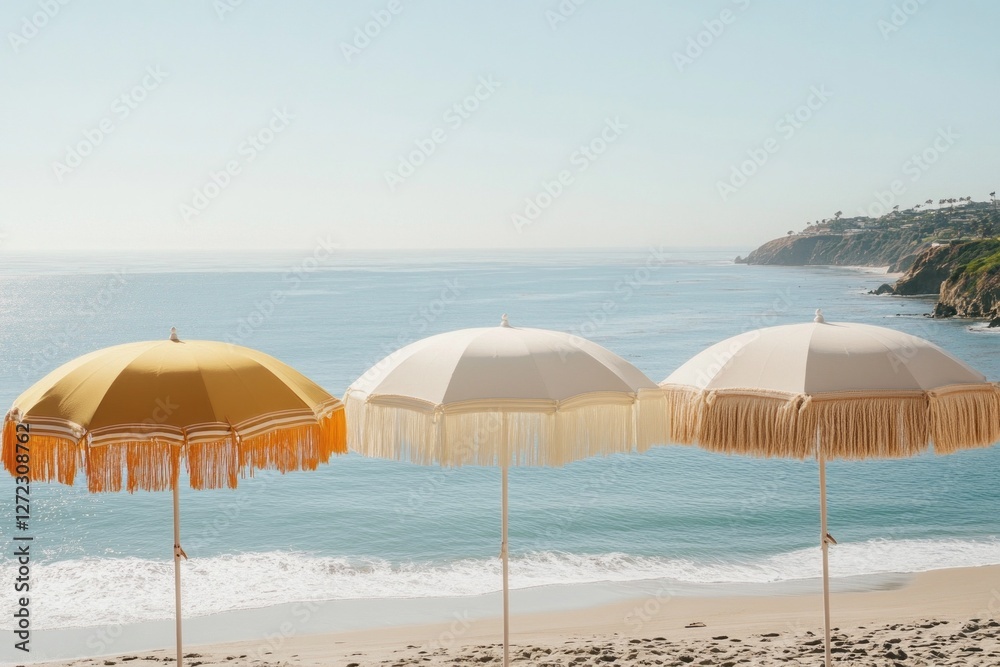 Poster vibrant beach umbrellas with delicate tassels stand proudly on the sandy shore. soft waves lap gentl