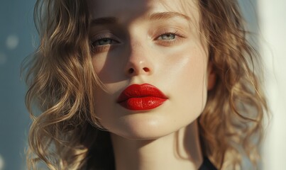 Close-up portrait of a confident woman with bold red lipstick and wavy hair, warm sunlight casting soft shadows, enhancing her striking feature
