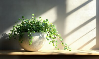 Lush green plant placed in a modern ceramic pot on a wooden shelf, with bright sunlight streaming in through a nearby window.
