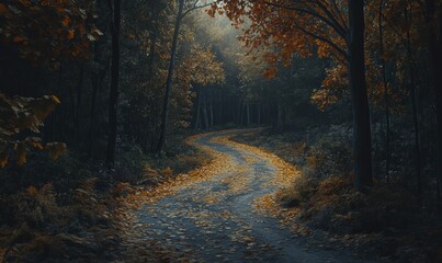 Fototapeta premium Moody autumn landscape with golden leaves covering a winding path in a serene forest under soft evening light, evoking warmth and nostalgia.
