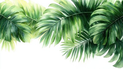 Realistic Watercolor Illustration of Palm Leaf Close-Up Natural Light Green Tropical Plant