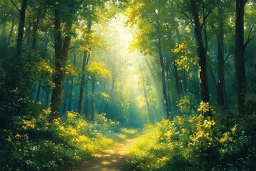 Obraz premium Lush Green Forest with Sunlight Filtering Through Leaves and Trunks in a Serene Landscape Scene