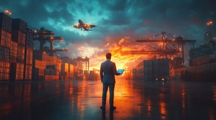 Fototapeta premium Businessman in Blue Suit Using Tablet in Busy Shipping Yard with Cargo Plane Flying Overhead