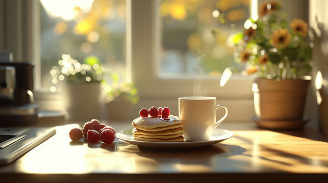 A cozy Sunday morning features a delightful breakfast of pancakes topped with fresh raspberries, accompanied by a hot cup of coffee, all set by a sunlit window with greenery
