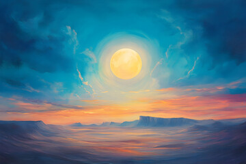 Fototapeta premium Glowing moon rising majestically over an endless desert, casting an ethereal light across the land