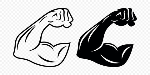 Strong Arm Flexing Bicep Muscle Icon Set. Bold Fitness Gym Logo With Flexed Arm. Power Muscle Illustration For Sports Branding, Flexing Arm Silhouette, Strength Design Template