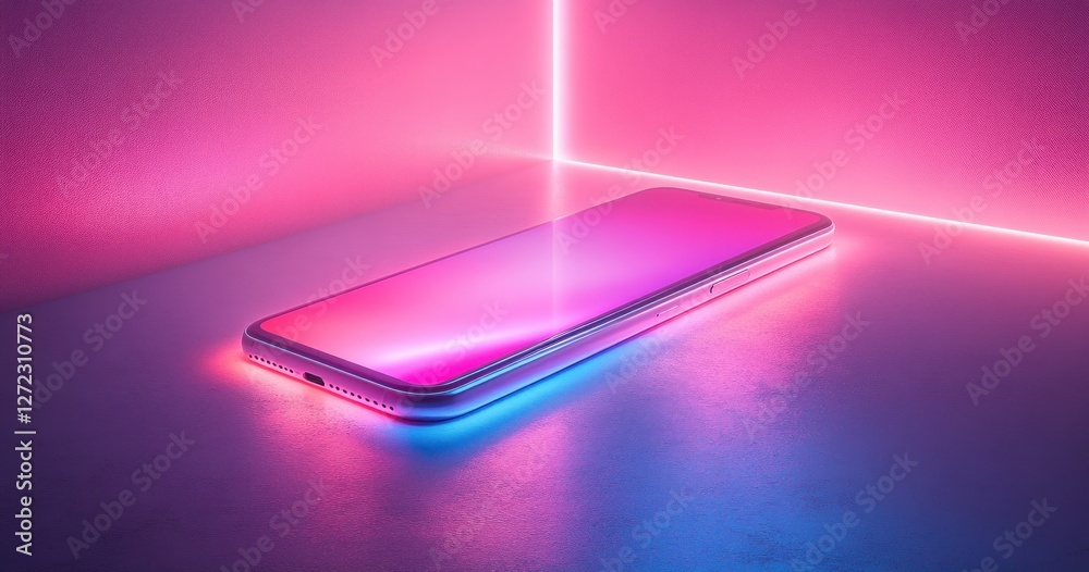 Wall mural blank app button mockup on smartphone screen with vibrant gradient background and minimalist design