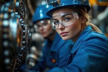 Workers in Blue Uniforms and Safety Helmets Operating Machinery in Industrial Factory Setting