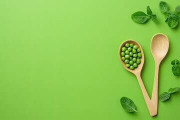 Green peas in wooden spoon with fresh herbs