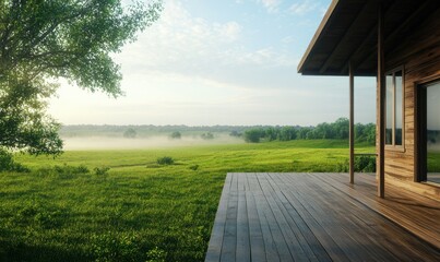 Obraz premium Wooden porch overlooking a lush green field and trees.